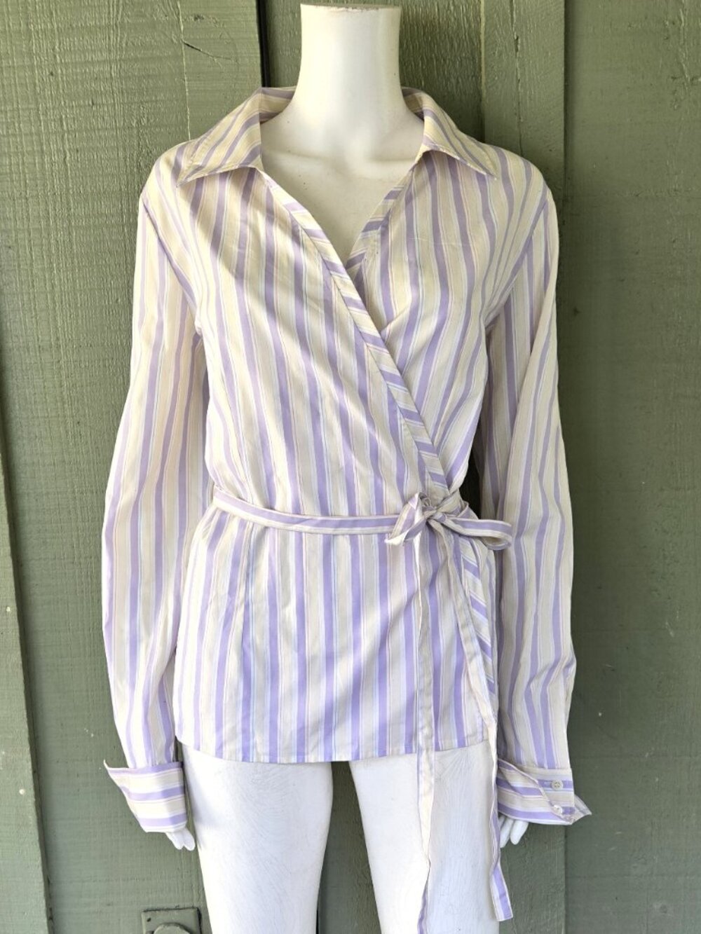 FACONNABLE Lilac Yellow Striped Wrap Shirt Top Large